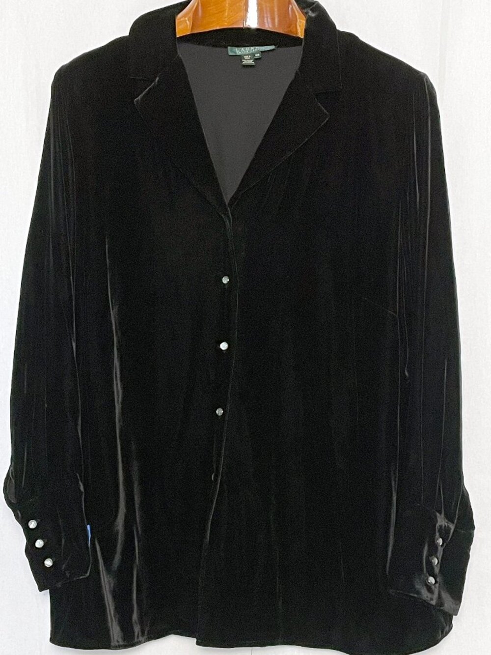 Lauren Ralph Lauren Black Rayon Silk Velvet Button Up Blouse Plus 16W NWOT